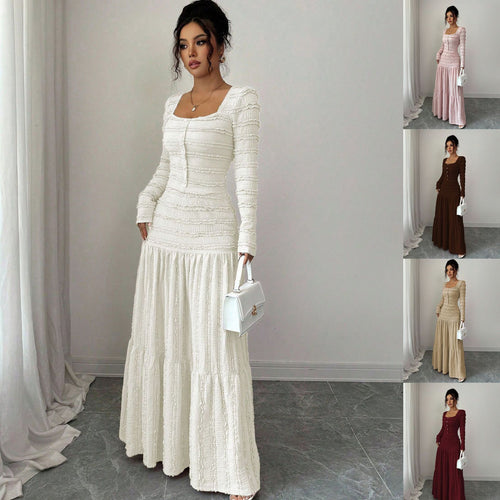 Damen Figurbetontes Rüschen‑Maxikleid mit Quadrat-Ausschnitt und Knopfleiste Nord Taschen