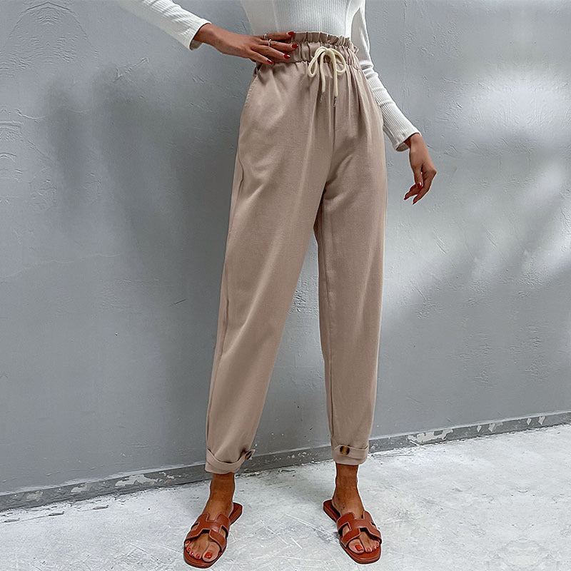 Damen Lässige Hose mit hohem Bund, Tunnelzug, Eingrifftaschen und konischer Beinform Nord Taschen