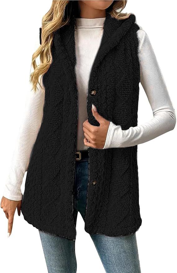 Damen Gefütterte Teddy-Weste mit Kapuze und Knopfverschluss Nord Taschen