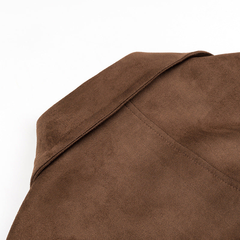 Damen Langer Oversize-Veloursleder-Trenchcoat mit Bindegürtel und Schulterriegeln Nord Taschen
