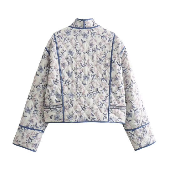 Damen gesteppte Kimono-Jacke mit floralem Allover‑Muster und kontrastierender Paspelierung Nord Taschen