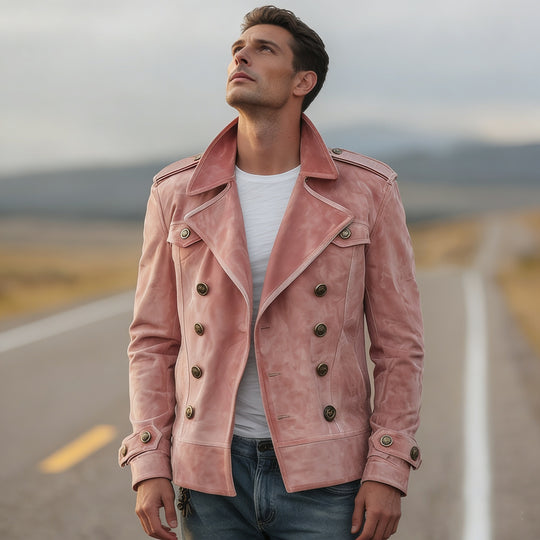 Herren Doppelreihige Lederjacke im Vintage-Look mit Schalkragen und Schulterklappen Nord Taschen