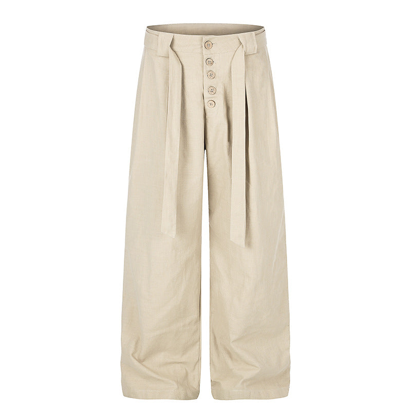 Damen Hochgeschnittene Leinen-Weitebein-Hose mit Knopfleiste, Bindegürtel und Bundfalten Nord Taschen