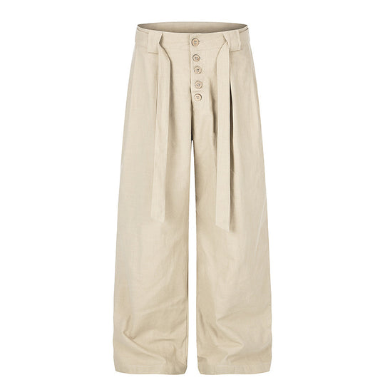 Damen Hochgeschnittene Leinen-Weitebein-Hose mit Knopfleiste, Bindegürtel und Bundfalten Nord Taschen