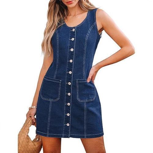 Damen Ärmelloses Jeans-Minikleid mit durchgehender Knopfleiste und aufgesetzten Taschen Nord Taschen