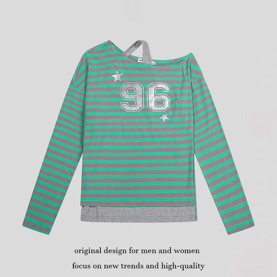 Damen Gestreiftes Langarmshirt mit asymmetrischem Ausschnitt, Lagenoptik und Metallic-Print Nord Taschen
