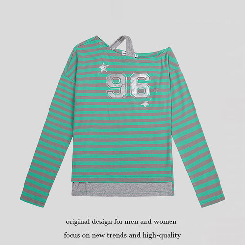 Damen Gestreiftes Langarmshirt mit asymmetrischem Ausschnitt, Lagenoptik und Metallic-Print Nord Taschen