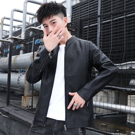 Herren Schlanker Kunstleder‑Moto‑Blouson mit Stehkragen und Reißverschlussärmeln Nord Taschen
