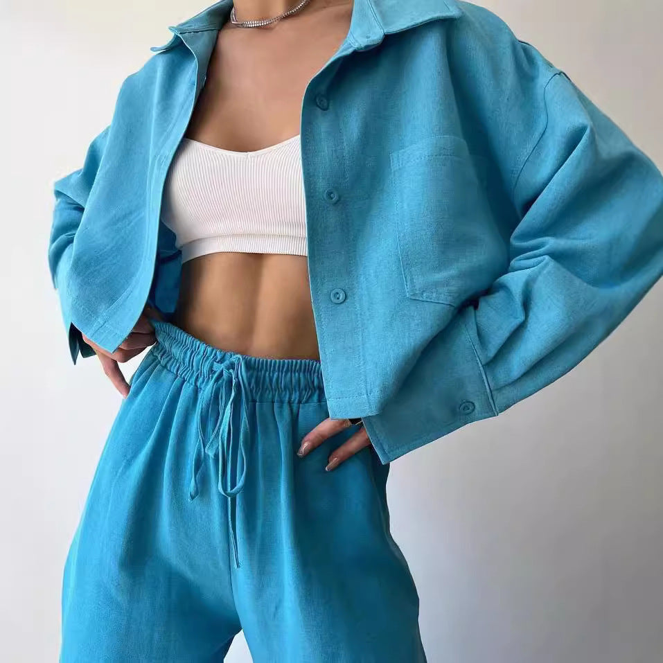 Damen Leinenoptik-Loungewear-Set mit Cropped-Overshirt und High-Waist-Tunnelzughose Nord Taschen