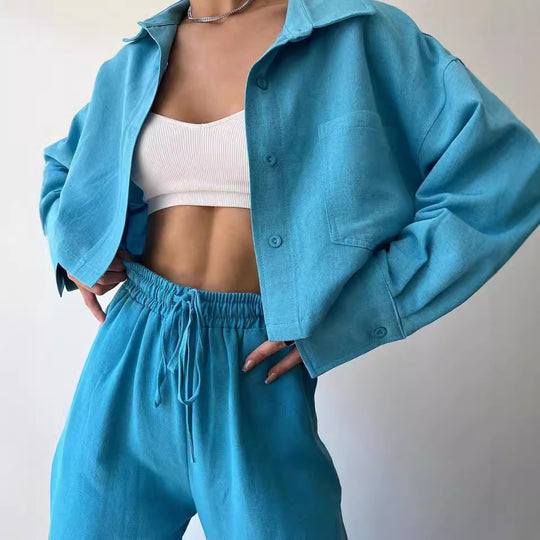 Damen Leinenoptik-Loungewear-Set mit Cropped-Overshirt und High-Waist-Tunnelzughose Nord Taschen