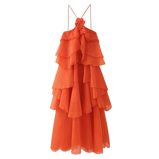 Damen Maxikleid mit voluminösen Rüschen und floralen Akzenten
