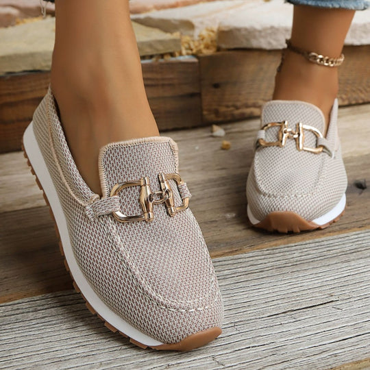 Damen Atmungsaktive Mesh-Slipper-Loafer mit goldfarbener Schnallendekor und leichter Gummisohle Nord Taschen