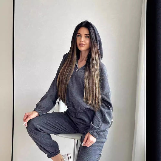 Damen Cordstoff Loungewear-Set mit Kapuzenpullover und Jogginghose Nord Taschen