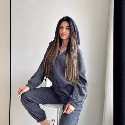Damen Cordstoff Loungewear-Set mit Kapuzenpullover und Jogginghose Nord Taschen