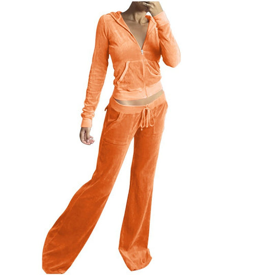 Damen Samtvelours Cropped-Zipjacke mit Kängurutasche und hochgeschnittener Bündchenhose Nord Taschen