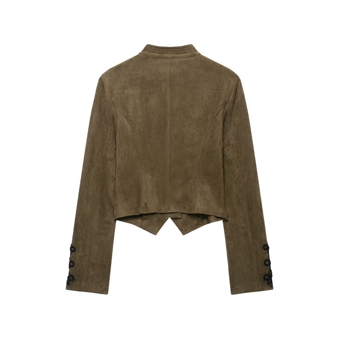 Damen Taillierter Cropped‑Veloursleder‑Blouson mit militärischer Kordelapplikation und Stehkragen Nord Taschen