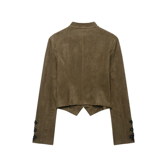 Damen Taillierter Cropped‑Veloursleder‑Blouson mit militärischer Kordelapplikation und Stehkragen Nord Taschen