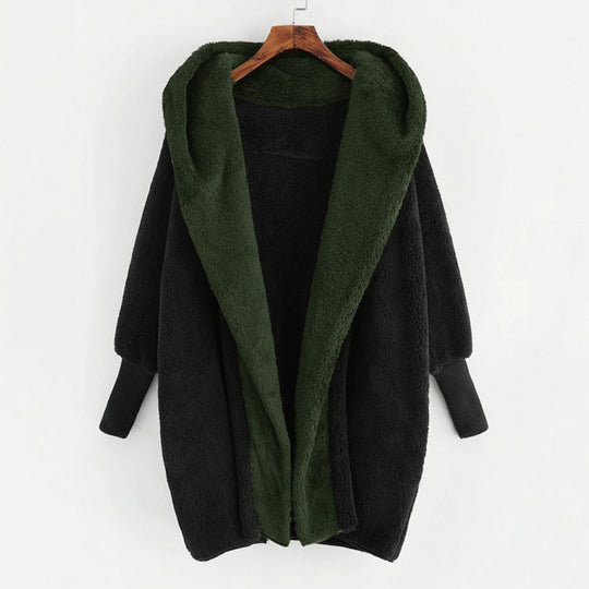 Damen Oversized Kunstfell-Kapuzenmantel mit kontrastierender Teddy-Innenseite und Rippbündchen Nord Taschen