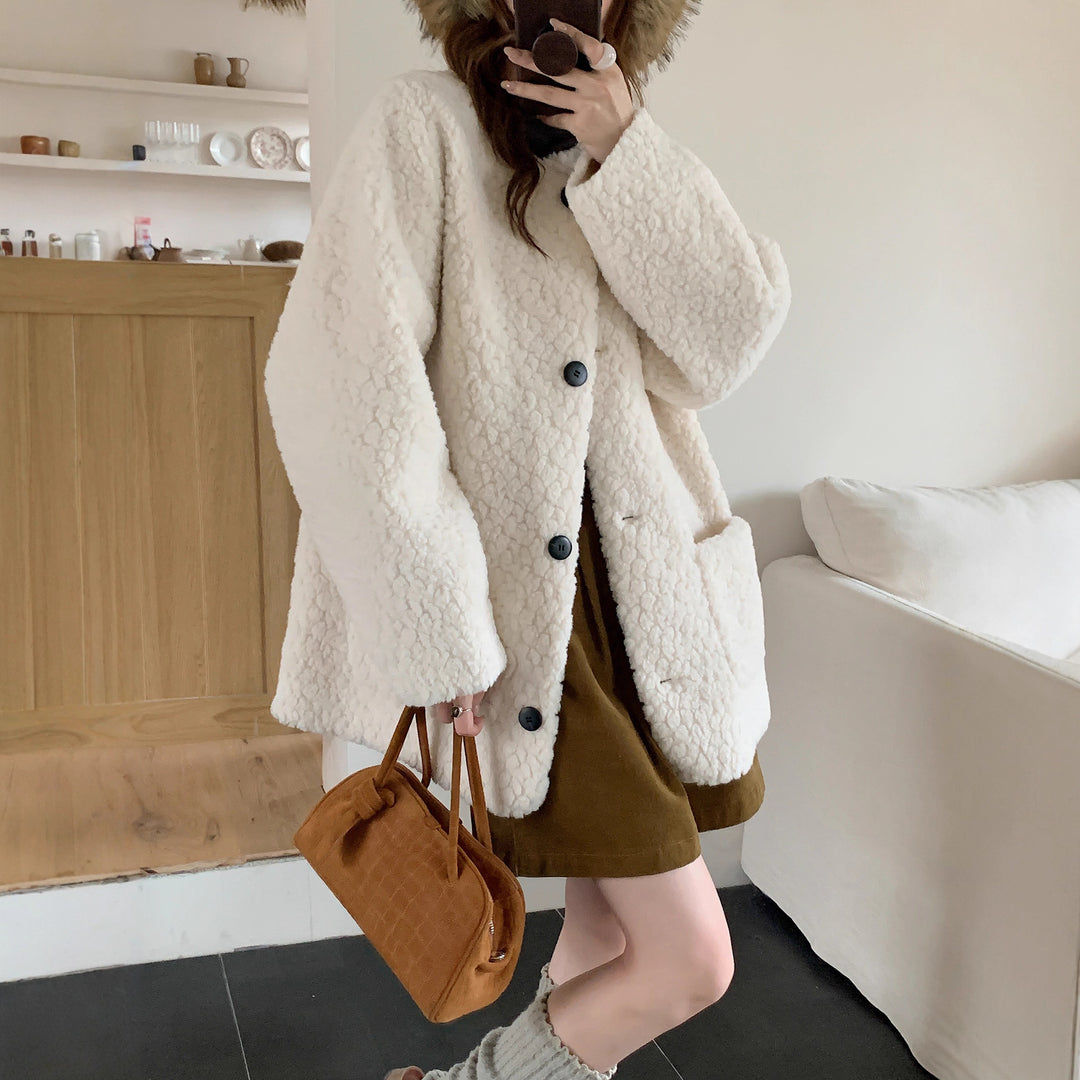 Damen Oversized Teddy‑Mantel mit Rundhals, großer Knopfleiste und aufgesetzten Taschen Nord Taschen