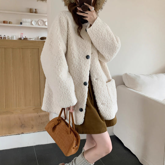 Damen Oversized Teddy‑Mantel mit Rundhals, großer Knopfleiste und aufgesetzten Taschen Nord Taschen