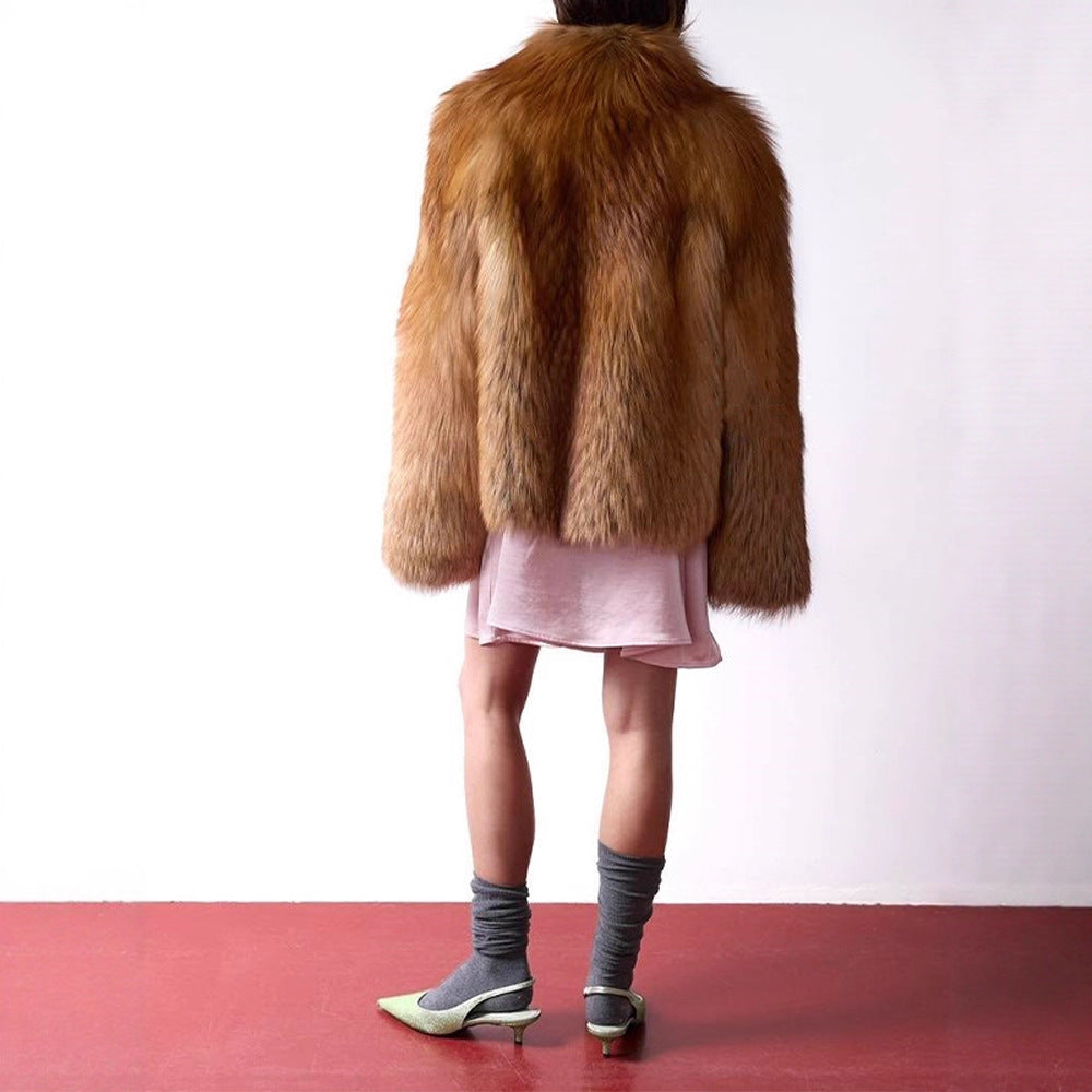 Damen Kurzer Plüsch-Fauxfur-Mantel mit kastiger Silhouette und voluminösem Schalkragen Nord Taschen