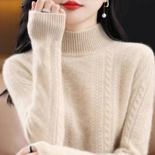 Damen Weicher Mohair‑Optik Mockneck‑Pullover mit Zopfmotiv und feinem Rippkragen Nord Taschen