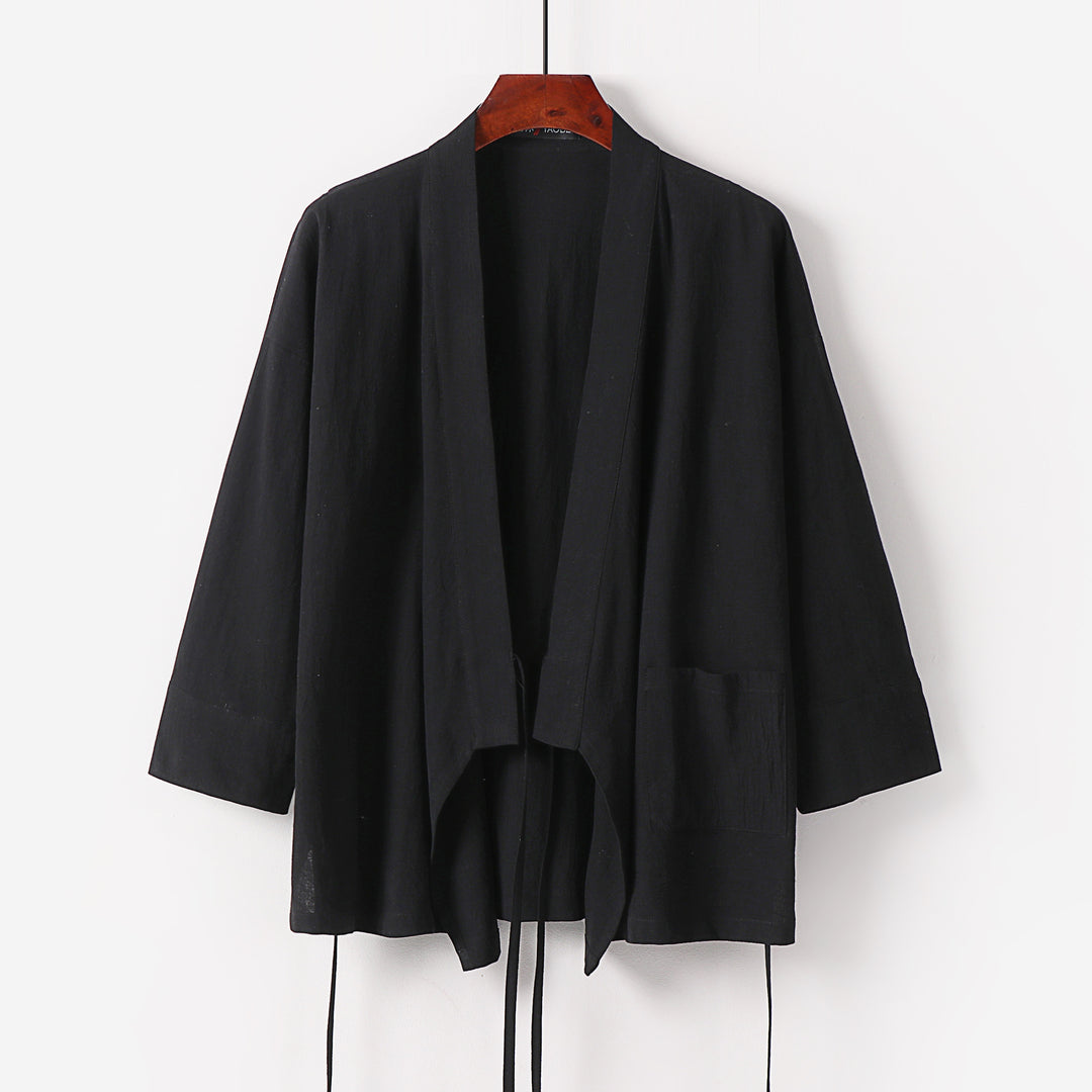 Damen Kimono-Cardigan aus Baumwoll-Leinen mit dreiviertelärmeln Bindegürtel und aufgesetzten Taschen Nord Taschen