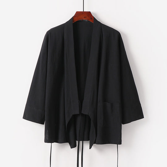 Damen Kimono-Cardigan aus Baumwoll-Leinen mit dreiviertelärmeln Bindegürtel und aufgesetzten Taschen Nord Taschen