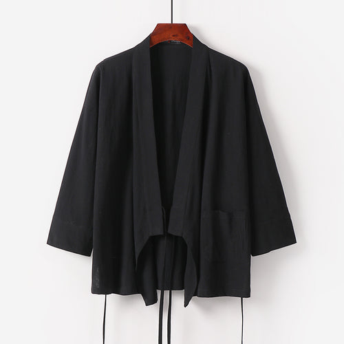 Damen Kimono-Cardigan aus Baumwoll-Leinen mit dreiviertelärmeln Bindegürtel und aufgesetzten Taschen Nord Taschen