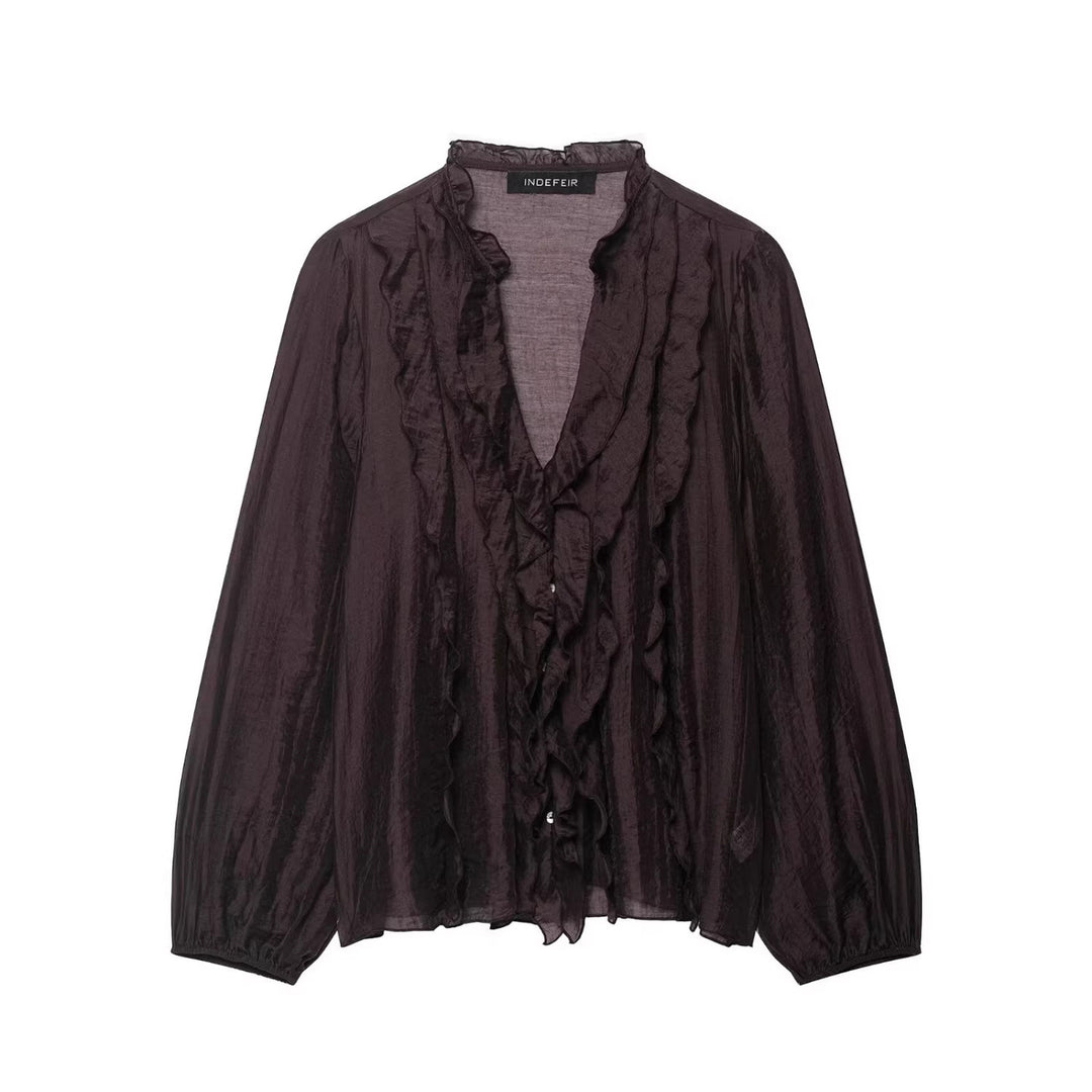 Damen Transparente Crinkle-Bluse mit Volantkragen, Rüschenfront und Ballonärmeln Nord Taschen