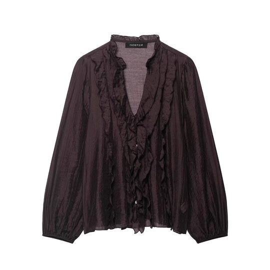 Damen Transparente Crinkle-Bluse mit Volantkragen, Rüschenfront und Ballonärmeln Nord Taschen