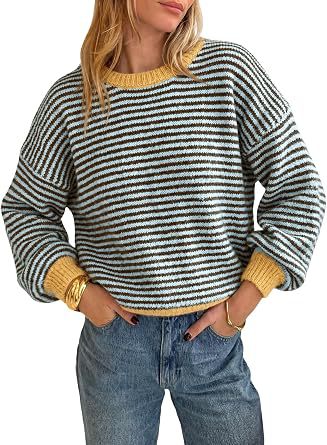 Damen Gestreifter Rippstrick-Pullover mit Kontrast-Bündchen Nord Taschen
