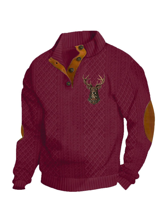 Herren nan Heritage-Strukturpullover mit Stehkragen Lederimitat-Besatz Ellenbogen-Patches und Halbknopfleiste