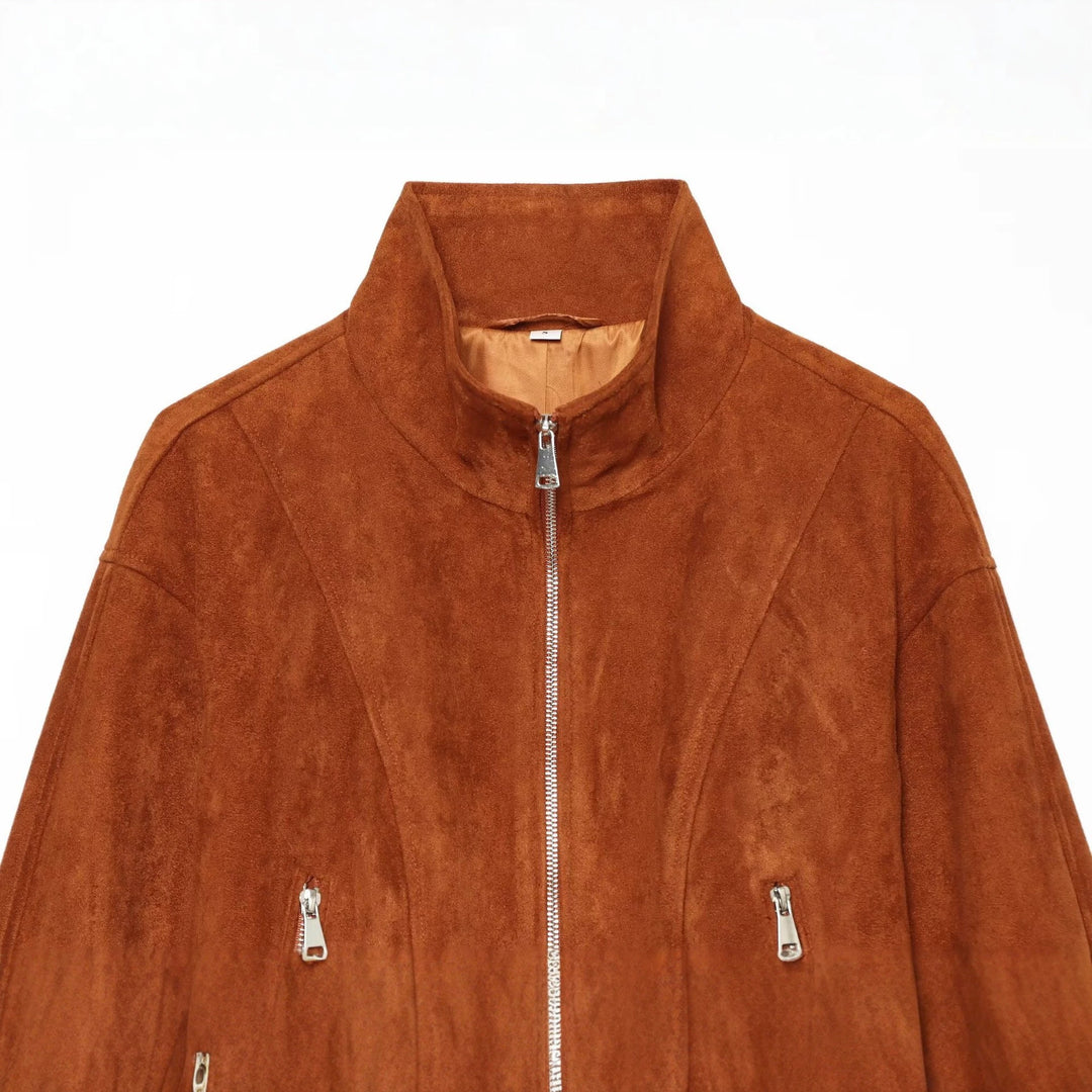 Damen Kurzgeschnittener Wildleder-Blouson mit Stehkragen und Reißverschluss Nord Taschen