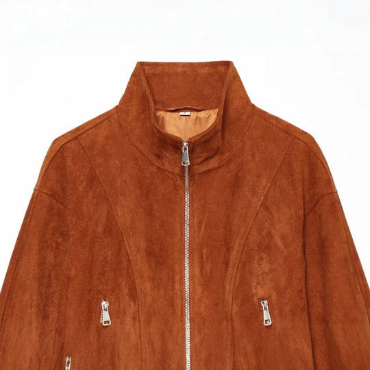 Damen Kurzgeschnittener Wildleder-Blouson mit Stehkragen und Reißverschluss Nord Taschen