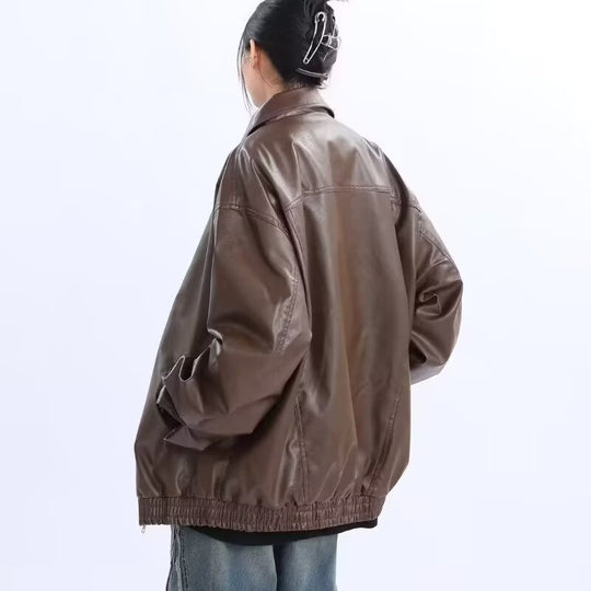 Damen Oversized Kunstleder-Blouson mit elastischem Saum und Hemdkragen Nord Taschen