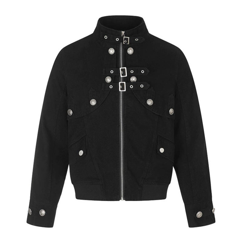 Damen Kurz geschnittene taillierte Bomberjacke mit Stehkragen, Zierschnallen und Pattentaschen Nord Taschen