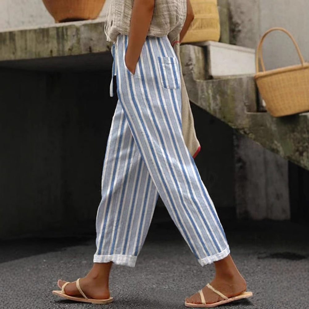 Damen Weite Leinenhose mit handgewNord Taschentem Muster