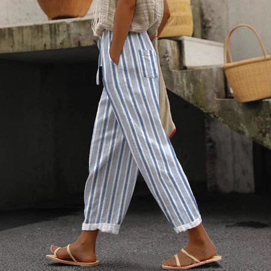 Damen Weite Leinenhose mit handgewNord Taschentem Muster