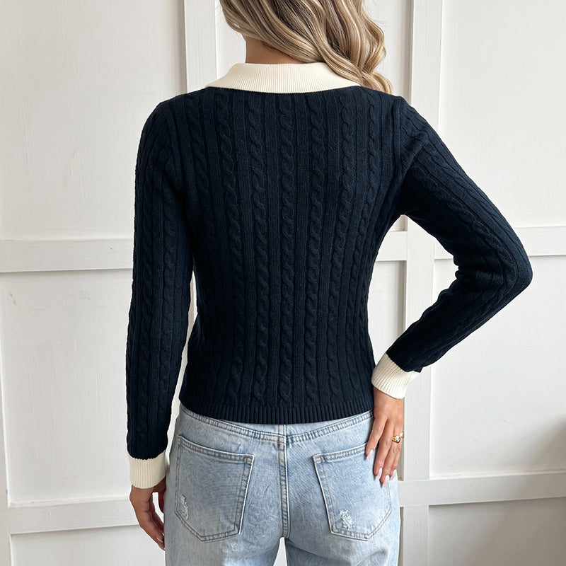 Damen Eleganter Strickpullover mit V-Ausschnitt und Kontrastkragen Nord Taschen