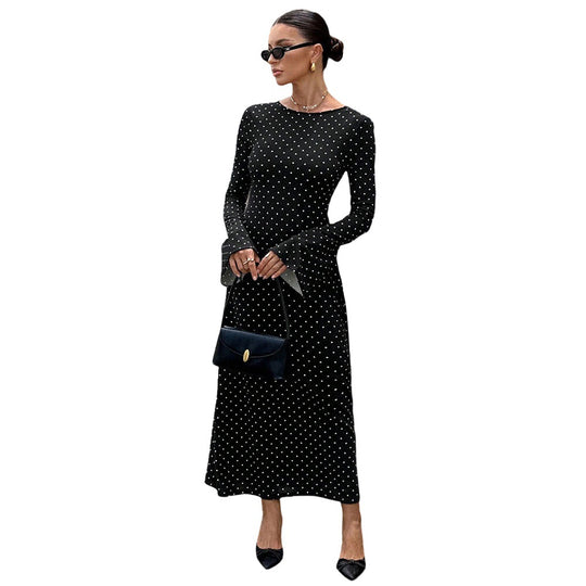 Damen elegantes Polka‑Dot Maxikleid mit tailliertem Oberteil, Trompetenärmeln und fließendem A‑Linien‑Rock Nord Taschen