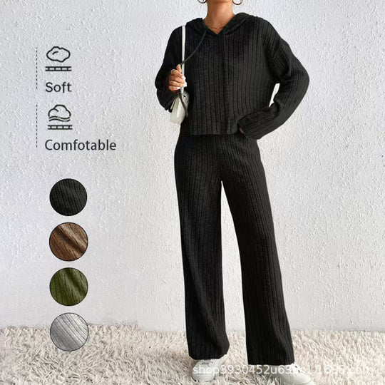 Damen Geripptes Kuschel-Lounge-Set aus Chenille mit Kapuzenpullover und weitem Hosenbein Nord Taschen