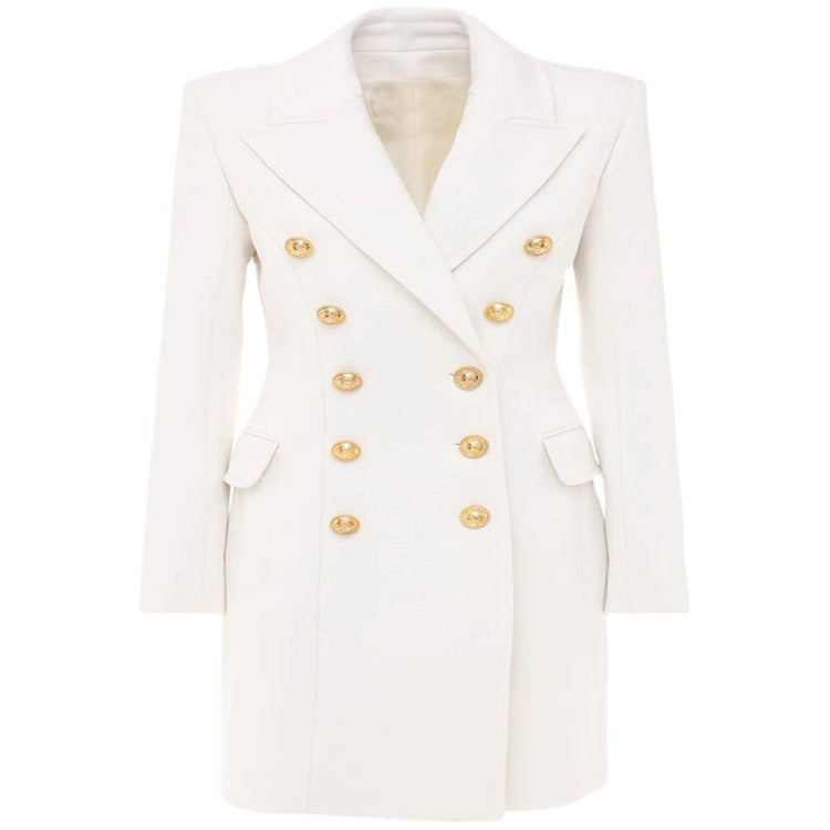 Damen Schmalgeschnittener Zweireihiger Wollmix-Longcoat mit markanter Schulter und goldenen Zierrundknöpfen Nord Taschen