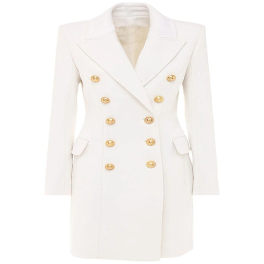 Damen Schmalgeschnittener Zweireihiger Wollmix-Longcoat mit markanter Schulter und goldenen Zierrundknöpfen Nord Taschen