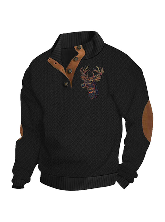 Herren nan Heritage-Strukturpullover mit Stehkragen Lederimitat-Besatz Ellenbogen-Patches und Halbknopfleiste