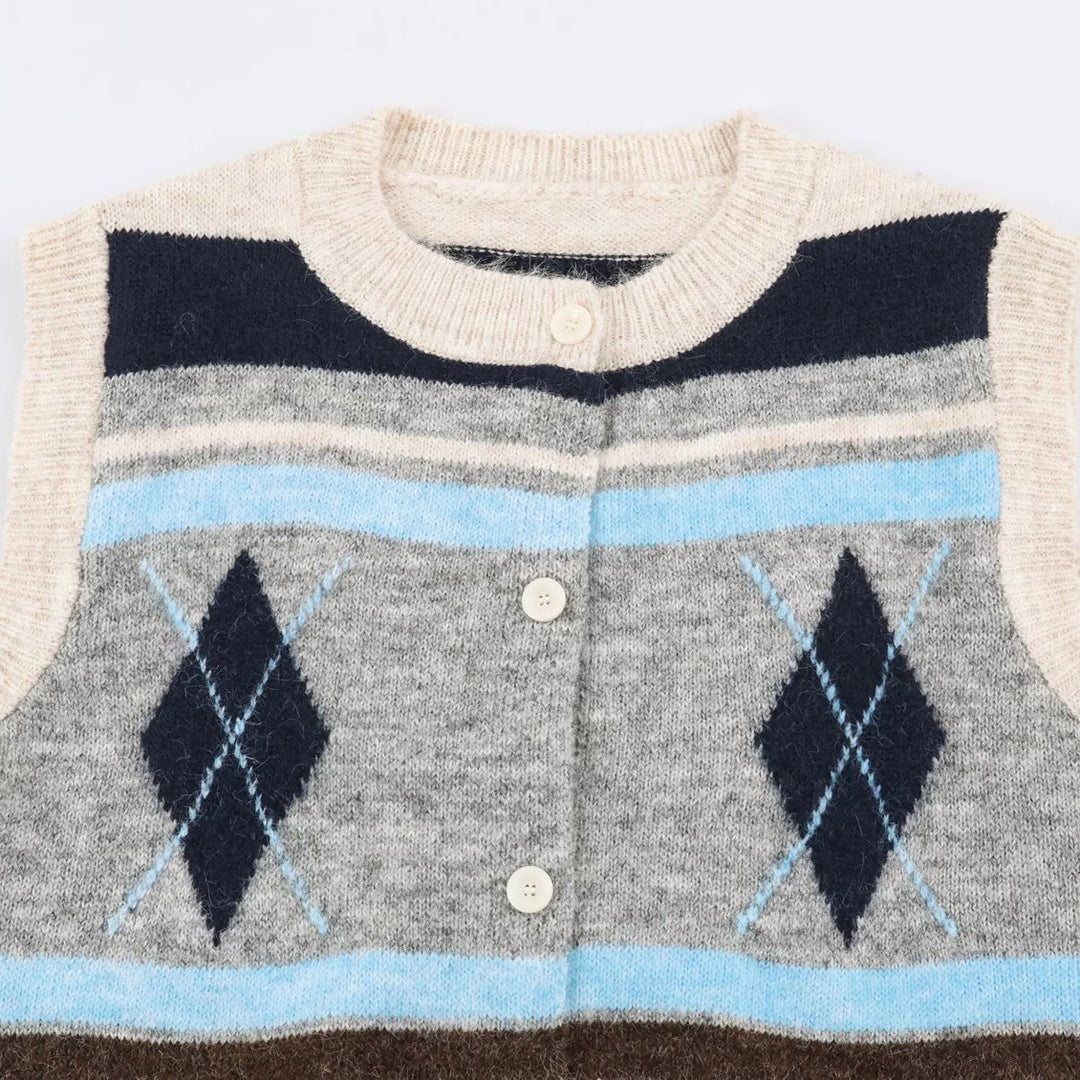 Damen Ärmellose Argyle-Strickweste mit durchgehender Knopfleiste und geripptem Saum Nord Taschen