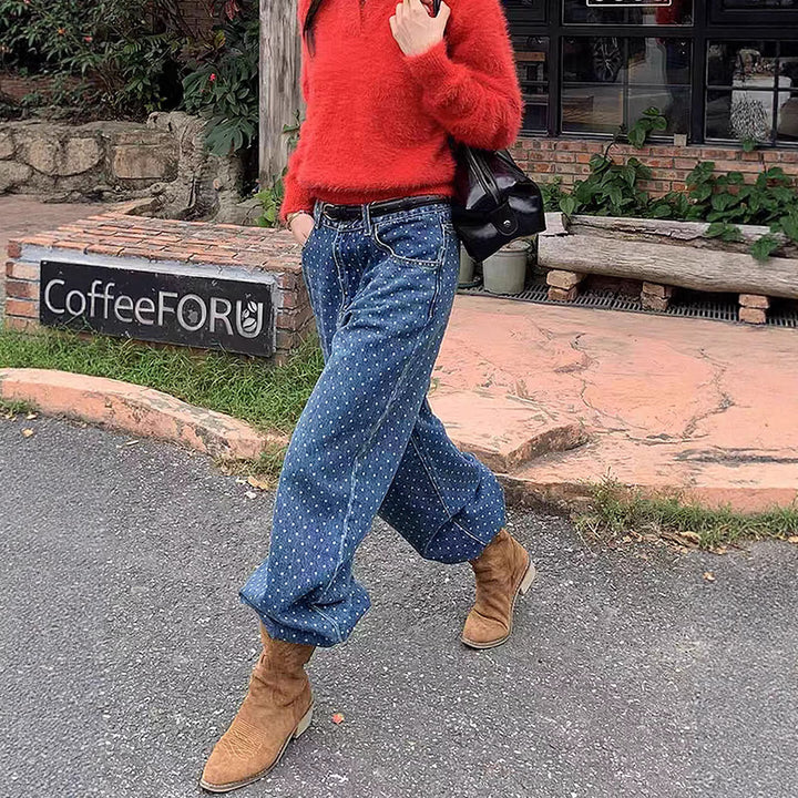 Damen hochgeschnittene weite Denimhose mit durchgehendem Punktmuster und klassischem Taschen-Design Nord Taschen