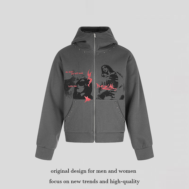 Damen Kapuzen-Zipjacke mit Nietenverzierung, Artwork-Frontprint und Kängurutaschen Nord Taschen