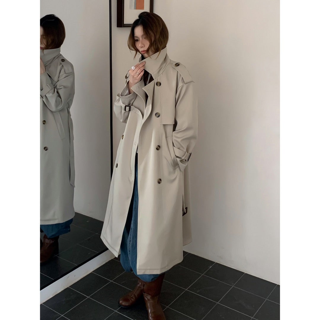 Damen Langer Trenchcoat mit Hochkragen, doppelter Sturmklappe und verstellbaren Manschetten Nord Taschen