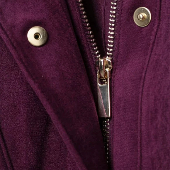 Damen Kurze Veloursleder-Bomberjacke mit hohem Rippenkragen, elastischem Saum und Eingrifftaschen Nord Taschen